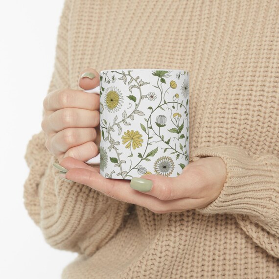 Floral Ceramic Mug 11 oz – Microwave & Dishwasher Safe, Handmade Flower Coffee Cup for Her