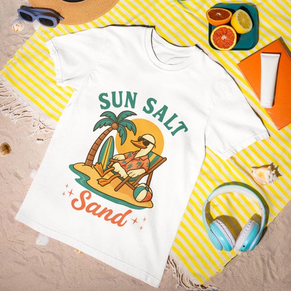 Sun Salt Sand T-Shirt - Funny Duck Beach Shirt, Tropical Vacation Tee, Summer Chill Graphic Unisex Top
