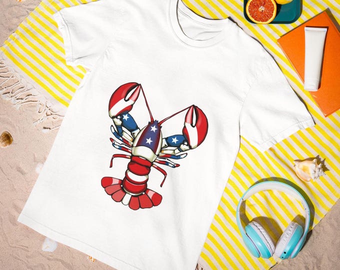 Patriotic Lobster Shirt | Red White Blue 4th of July T-Shirt | Coastal Nautical USA Summer Tee