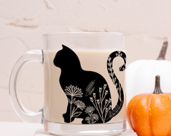 Floral Cat Silhouette Mug – Unique Botanical Cat Lover Gift, Perfect for Tea & Coffee Lovers, Animal Lover Ceramic Cup