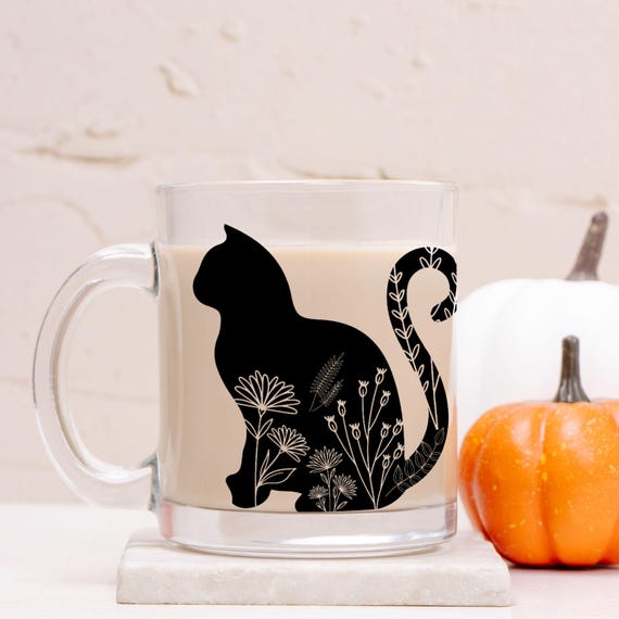 Floral Cat Silhouette Mug – Unique Botanical Cat Lover Gift, Perfect for Tea & Coffee Lovers, Animal Lover Ceramic Cup