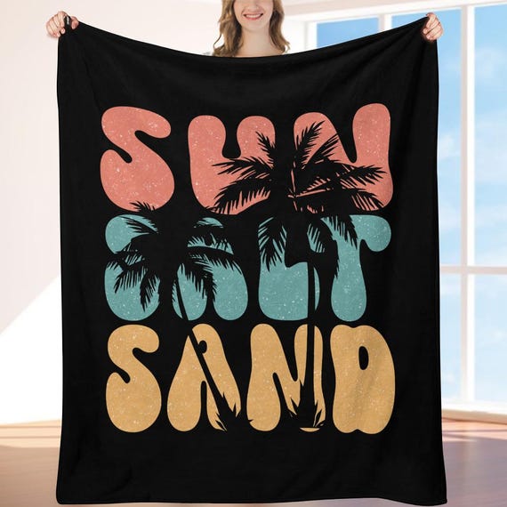 Sun Salt Sand Flannel Beach Blanket, Ultra-Soft Summer Throw, Retro Palm Tree Coastal Decor, Lightweight Cozy Beach Vibe Blanket