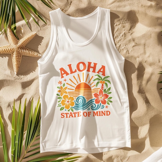 Aloha State of Mind Tank Top - Hawaiian Tropical Graphic Tee, Sunset & Flowers Beach Tank Top, Unisex Tank Top,