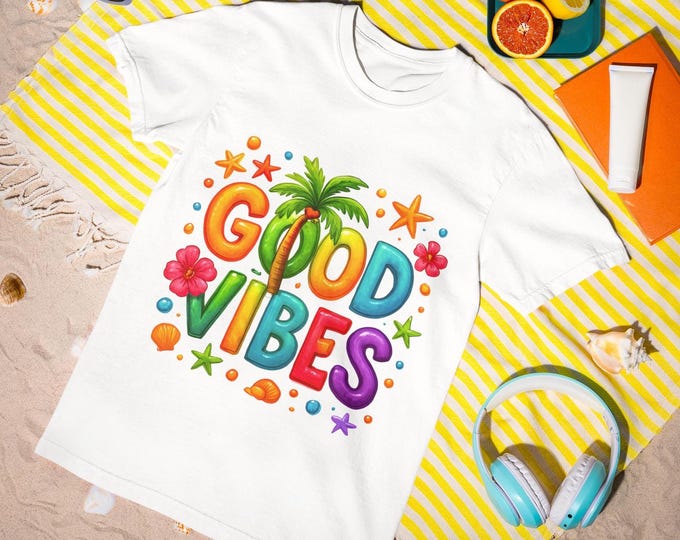 Featured listing image: Good Vibes T-Shirt - Colorful Balloon Lettering Summer Tee, Tropical Unisex Graphic Shirt