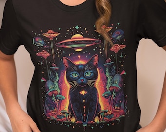 Cosmic Cat Graphic T-Shirt – Space Cat Unisex Tee, Streetwear for Cat Lovers, Psychedelic Galaxy Shirt