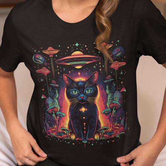 Cosmic Cat Graphic T-Shirt – Space Cat Unisex Tee, Streetwear for Cat Lovers, Psychedelic Galaxy Shirt
