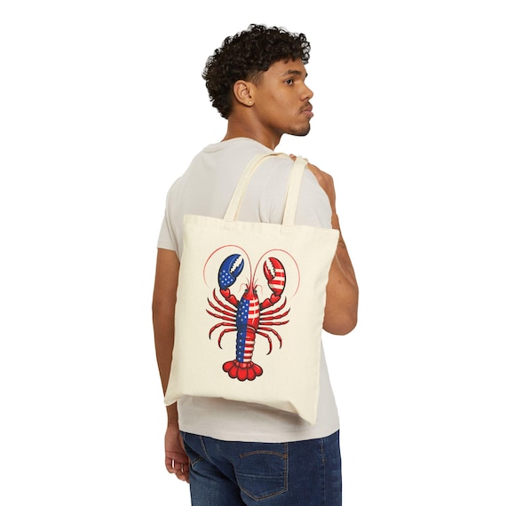 Lobster Tote Bag | Nautical Beach Bag for Summer | Patriotic Cotton Canvas Coastal Gift