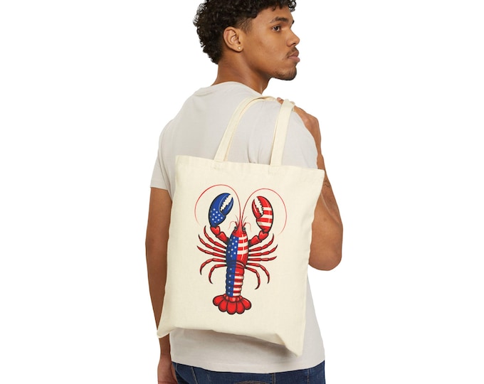 Lobster Tote Bag | Nautical Beach Bag for Summer | Patriotic Cotton Canvas Coastal Gift