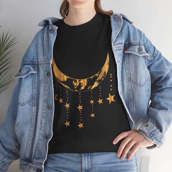 Golden Moon and Stars T-Shirt Design, Elegant Celestial Crescent with Hanging Stars, Boho Cosmic Graphic Tee, Mystical Gold Night Sky  Shirt