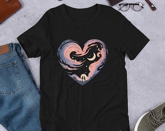 Romantic Cosmic Heart T-Shirt | Celestial Love Art & Moon Stars Couple Design | Valentine’s Gift Idea
