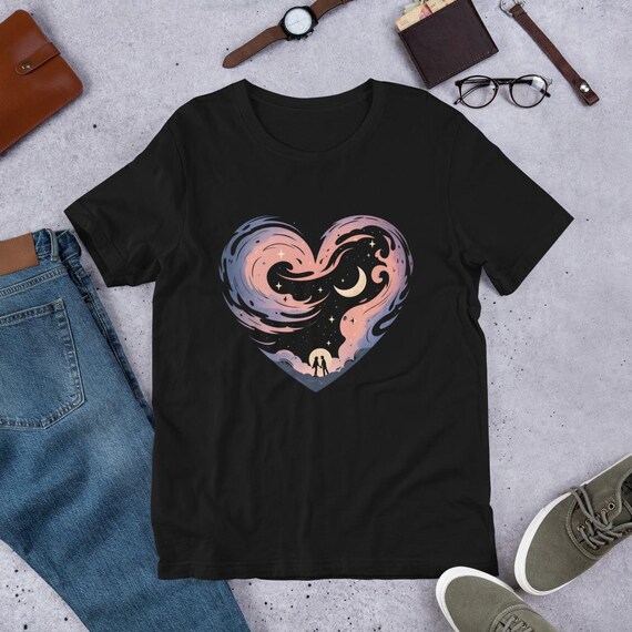 Romantic Cosmic Heart T-Shirt | Celestial Love Art & Moon Stars Couple Design | Valentine’s Gift Idea
