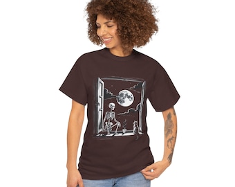 Cat Coffee Moon T-Shirt | Celestial Black and White Cat Lover Tee | Cozy Night Vibes Shirt
