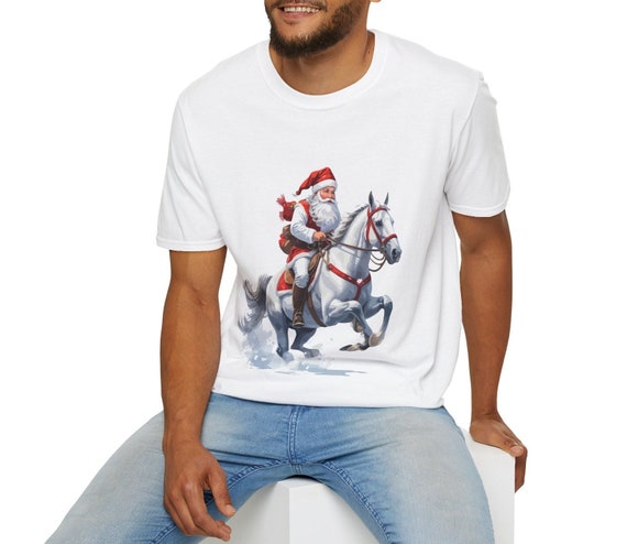 Santa Riding White Horse Art Print - Festive Christmas Illustration - Holiday T-Shirt