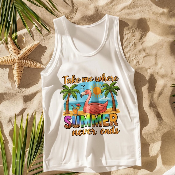 Take Me Where Summer Never Ends Tank - Tropical Flamingo Beach Unisex Tank Top, Vacation Vibes Shirt