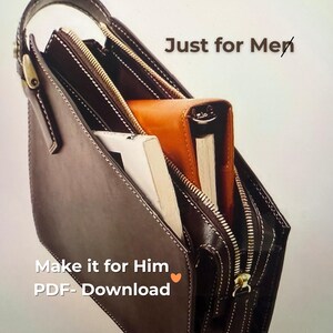 Puede incluir: Un bolso de mano de cuero marrón con cierre de cremallera, que contiene un libro blanco y un cuaderno de cuero naranja. El bolso tiene un asa y herrajes dorados. El texto de la imagen dice "Make it for Him PDF- Download".