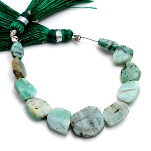 Könnte beinhalten: Eine Halskette mit unregelmäßigen, hellblau-grünen Amazonit-Edelsteinperlen. Die Perlen sind mit einer grünen Quaste und silbernen Akzenten aufgefädelt. Die Edelsteine haben ein natürliches, strukturiertes Aussehen.