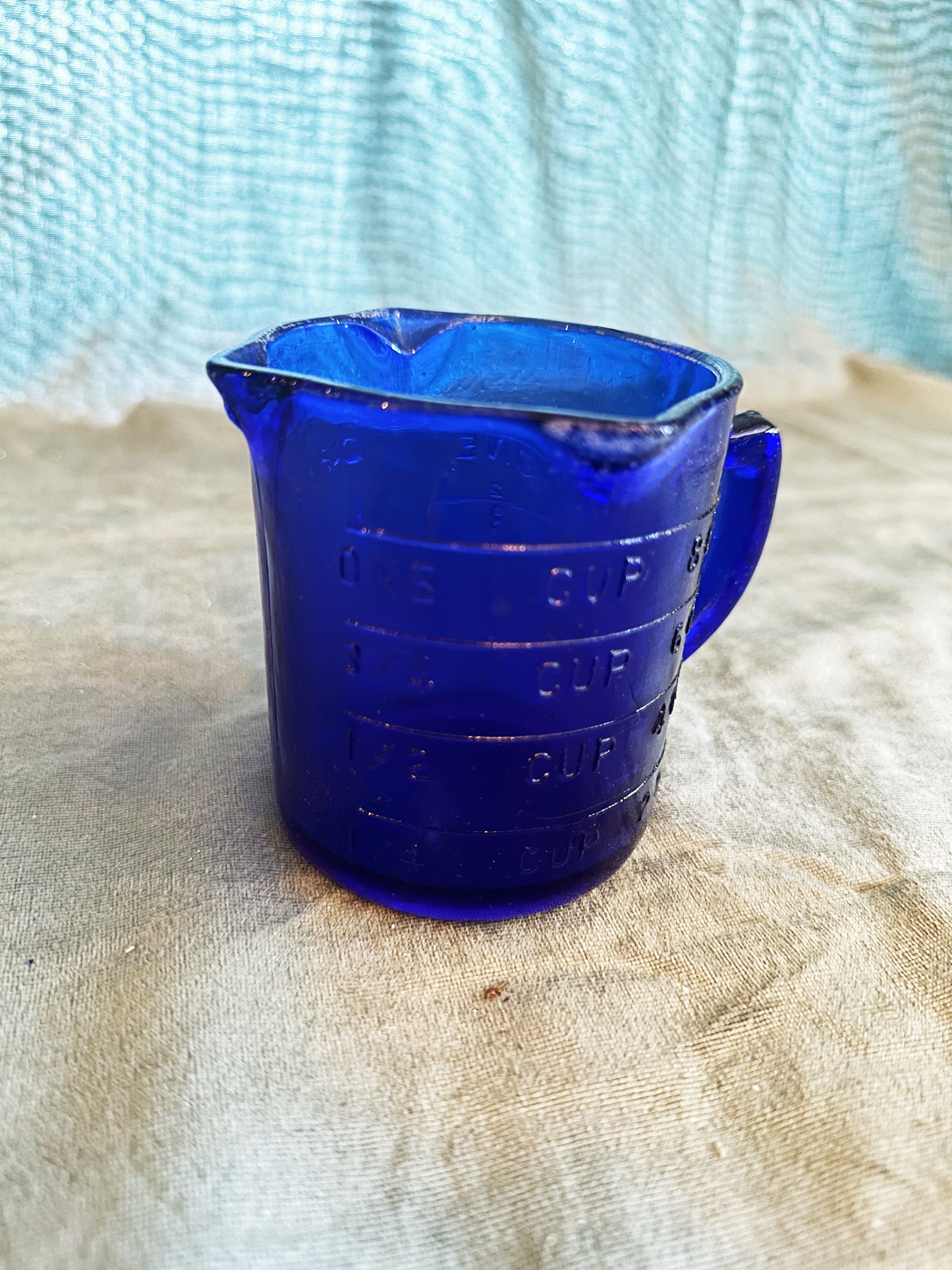 Kitchen  Vintage Cobalt Blue Glass Three Spout Embossed Measuring