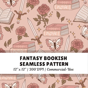 Fantasie-roman naadloos patroon, boeken, zwaarden, rozen (digitale download)