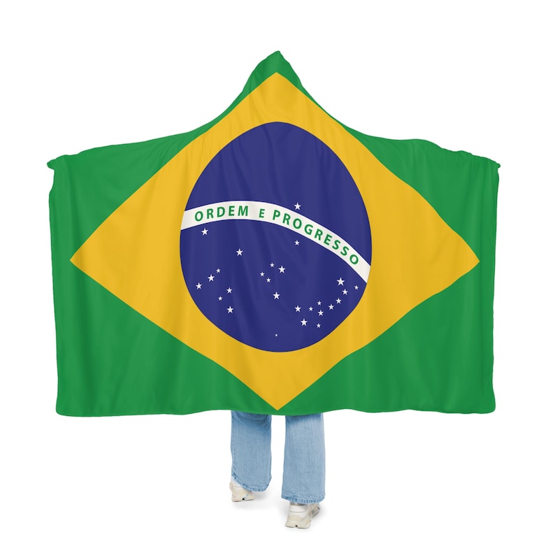 Brazilian Flag Snuggle Blanket Hoodie, Sherpa Hooded Blanket, Fleece Hooded Blanket, Custom Blanket Gift, Unisex Snuggle Blanket, image 1