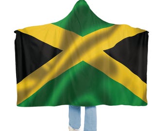 Jamaican Flag Snuggle Blanket Hoodie, Sherpa Hooded Blanket, Fleece Hooded Blanket, Personalized Travel Blanket Gift,