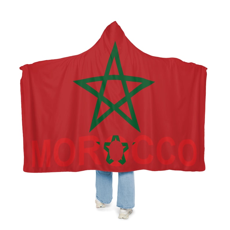 Moroccan Flag Snuggle Blanket Hoodie, Sherpa Hooded Blanket, Fleece Hooded Blanket, Custom Blanket Gift, Travel Blanket image 1