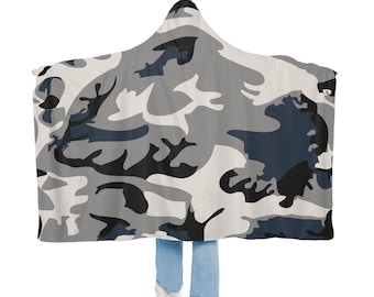 Grey Camo Snuggle Blanket Hoodie, Sherpa Hooded Blanket, Fleece Hooded Blanket, Personalized Travel Blanket Gift