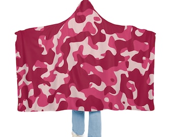 Pink Camo Blanket, Sherpa Hooded Blanket, Fleece Hooded Blanket, Unisex Hooded Snuggle Blanket, Custom Blanket Gift.