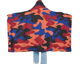 Multicolor Camo Hooded Snuggle Blanket, Sherpa Hooded Blanket, Fleece Hooded Blanket, Unisex Snuggle Blanket, Custom Blanket Gift