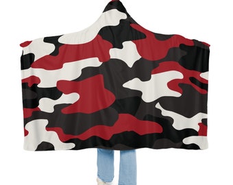 Red Black Camo Hooded Snuggle Blanket, Sherpa Hooded Blanket, Fleece Hooded Blanket, Custom Blanket Gift, Unisex Snuggle Blanket