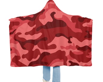 Red Camo Hooded Snuggle Blanket, Sherpa Hooded Blanket, Fleece Hooded Blanket, Custom Blanket Gift, Unisex Snuggle Blanket
