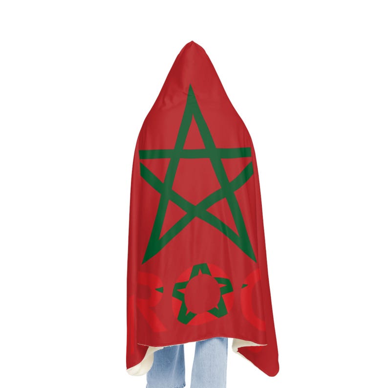 Moroccan Flag Snuggle Blanket Hoodie, Sherpa Hooded Blanket, Fleece Hooded Blanket, Custom Blanket Gift, Travel Blanket image 4