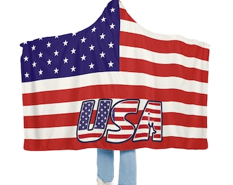 United States Flag Snuggle Blanket Hoodie, Sherpa Hooded Blanket, Fleece Hooded Blanket, Custom Blanket Gift, Travel Blanket