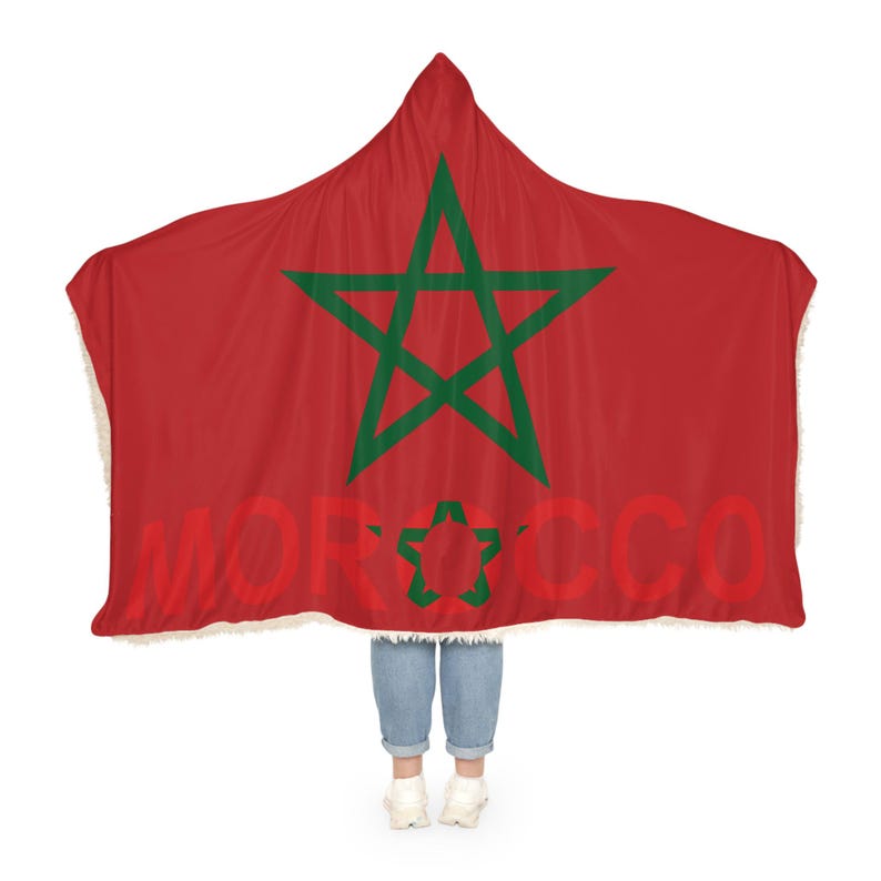 Moroccan Flag Snuggle Blanket Hoodie, Sherpa Hooded Blanket, Fleece Hooded Blanket, Custom Blanket Gift, Travel Blanket image 2