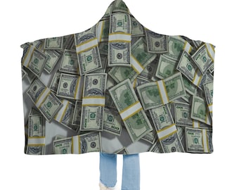 Money Design Blanket, Sherpa Hoodie Blanket, Fleece Hoodie Blanket, Ultra Soft, Unisex Hooded Snuggle Blanket, Custom Gift