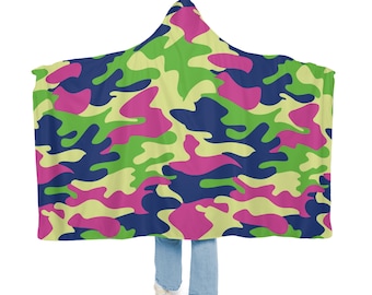 Multicolor Camo Hooded Snuggle Blanket, Sherpa Hooded Blanket, Fleece Hooded Blanket, Custom Blanket Gift, Unisex Snuggle Blanket