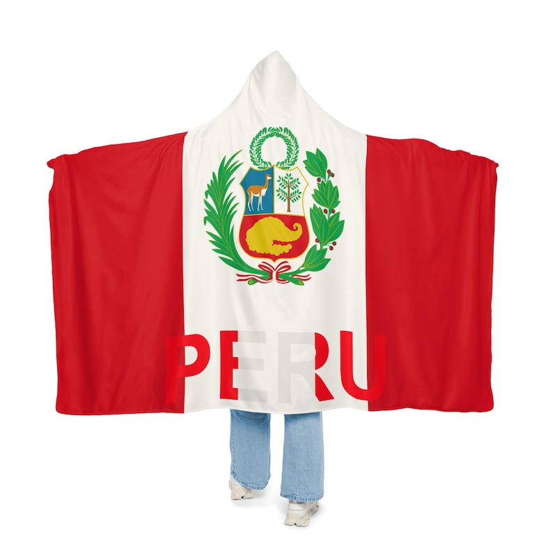 ペルー国旗フード付きブランケット、シェルパフード付きブランケット、フリースフード付きブランケット、カスタムブランケットギフト、ブランケットパーカー、ユニセックスブランケット 画像 1