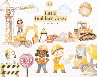 Watercolor Construction Clipart, Cute Kid Builder Clipart, Vehicles for Kids, Excavator, Bulldozer, Dump Truck, Birthday Party Nursery Decor