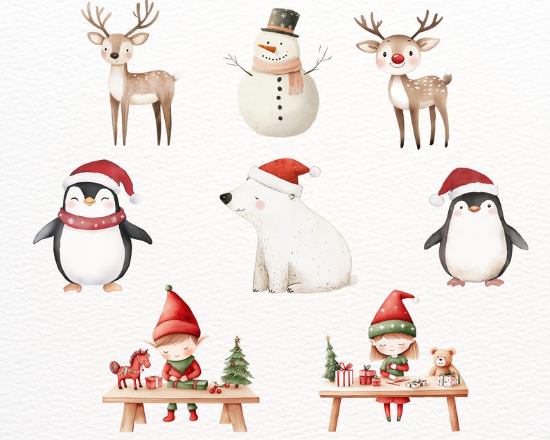 May include: A watercolor illustration of a winter holiday scene with a snowman, reindeer, penguins, a polar bear, elves, and a Christmas tree. The illustration is in a whimsical style with bright colors and a festive feel.
