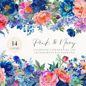 Clipart acquerello fiore rosa blu, clipart floreale, rosa rosa Png, clipart di matrimonio, inviti di nozze, uso commerciale, Png trasparenti