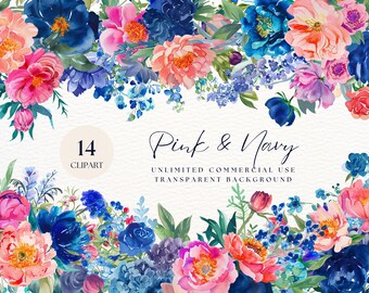 Blue Pink Flower Watercolor Clipart, Floral Clipart, Pink Rose Png, Wedding Clipart, Wedding Invitations,  Commercial Use, Transparent Pngs