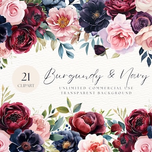 Aquarelle florale bordeaux et bleu marine | Clipart floral aquarelle | Aquarelles fleurs bleu marine Marsala | Conception de mariage | Fard à joues bordeaux