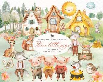 Trzy małe świnki Clipart | Słodki prosiaczek | Duży zły wilk | Natychmiastowe pobranie cyfrowe | Vintage Wolf Clipart | Plik do cięcia | Wykorzystanie komercyjne