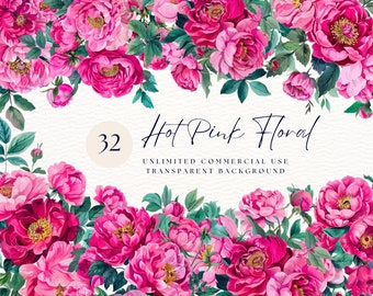 Watercolor Flowers | Hot Pink Flowers Clipart | Digital Image | Digital Clipart Png | Wedding Clipart | Commercial Use