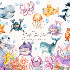 Paquete de imágenes prediseñadas bajo el mar, lindos animales marinos, imágenes prediseñadas del océano, criaturas submarinas, imágenes prediseñadas de vida marina en acuarela, descarga digital para niños