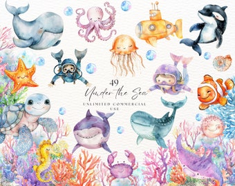 Under The Sea Clipart Bundle, Cute Sea Animals , Ocean Clipart, Underwater Creatures, Watercolor Sealife Clipart, Digital Download for Kids
