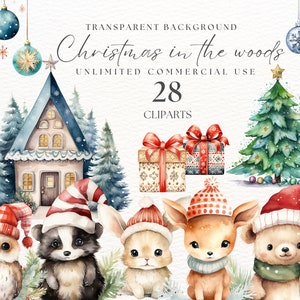 Woodland Christmas Clipart | Nursery Clipart | Woodland Animals Watercolor Clipart | Forest Animals Clip Art | Transparent Pngs