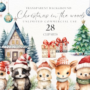 Woodland Christmas Clipart | Nursery Clipart | Woodland Animals Watercolor Clipart | Forest Animals Clip Art | Transparent Pngs