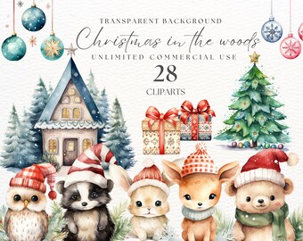 Clipart Noël des bois | Clipart chambre d'enfant | Clipart aquarelle animaux de la forêt | Clipart Animaux de la forêt | PNG transparents