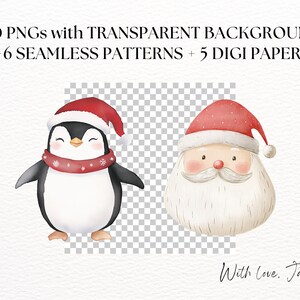 May include: A watercolor illustration of a penguin and Santa Claus wearing red Santa hats. The penguin is wearing a red scarf with white snowflakes. The background is transparent.