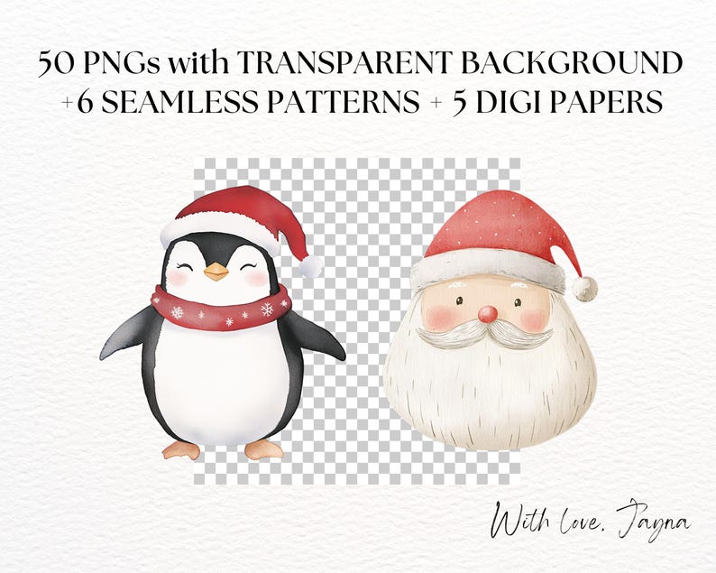 May include: A watercolor illustration of a penguin and Santa Claus wearing red Santa hats. The penguin is wearing a red scarf with white snowflakes. The background is transparent.